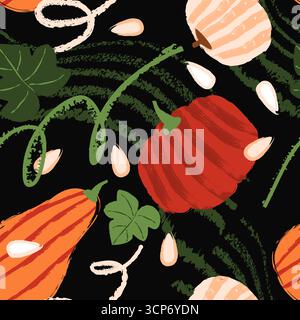 Handgezeichnetes nahtloses Muster mit Kürbissen. Vektor Aquarell Buntstift Herbst Bauernhof Gemüse Hintergrund. Herbstdesign für Thanksgiving oder Halloween. Text Stock Vektor