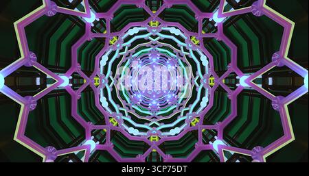 Ein lebendiges geometrisches Design zeigt ein kompliziertes Muster aus violetten und blauen Formen. Das Bildmaterial erzeugt einen tiefen, wirbelnden Effekt und zeichnet die des Betrachters Stockfoto