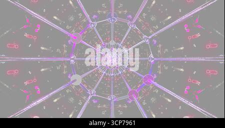 Bunte geometrische Muster erzeugen ein kompliziertes Design. Das Bildmaterial verfügt über ein symmetrisches Layout mit leuchtenden Elementen in Rosa- und Violetttönen. Stockfoto