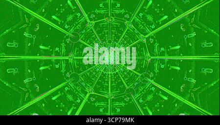 Ein kompliziertes Muster zeigt leuchtende grüne Farben, die ein komplexes Design bilden. Dieses Kunstwerk erzeugt einen faszinierenden visuellen Effekt, der den Blick hineinzieht Stockfoto