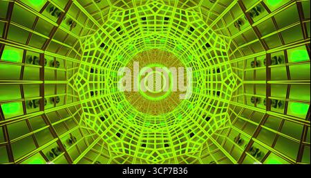Ein lebendiges, kreisförmiges Muster zeigt komplexe geometrische Formen in hellen Grüntönen. Das Design erzeugt einen fesselnden visuellen Effekt, der die Aufmerksamkeit betont Stockfoto