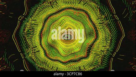 Das leuchtende, kreisförmige Design zeichnet sich durch schwindelerregende Linien und Farben in Grün und Gelb aus. Das komplizierte Muster besticht durch seine hypnotische Bewegung und Abstra Stockfoto