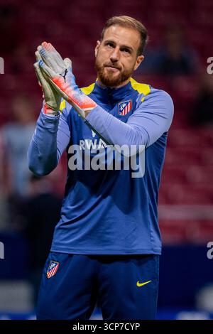 Madrid, Madrid, Spanien. September 2025. Jan Oblak von Atletico de Madrid wärmt sich während des LaLiga EA Sports Fußball-Spiels zwischen Atletico de Madrid und Rayo Vallecano am 24. September 2025 in Madrid auf. (Kreditbild: © Alberto Gardin/ZUMA Press Wire) NUR REDAKTIONELLE VERWENDUNG! Nicht für kommerzielle ZWECKE! Stockfoto