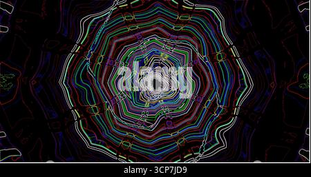 Das leuchtende Spiraldesign zeigt farbenfrohe Linien, die sich um eine dunkle Mitte drehen. Die auffälligen Muster sorgen bei Nacht für einen fesselnden visuellen Effekt Stockfoto