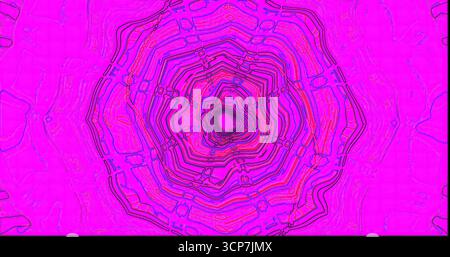 Das farbenfrohe geometrische Design zeigt einen leuchtenden rosafarbenen Hintergrund mit komplizierten schwarzen Linien, die ein spiralförmiges Muster bilden. Die Kunst schafft ein faszinierendes Bild Stockfoto
