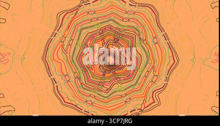 Dieses Kunstwerk verfügt über ein auffälliges Kreismuster mit leuchtenden Linien in Orange, Rosa und Grün. Es erzeugt einen hypnotischen visuellen Effekt Stockfoto