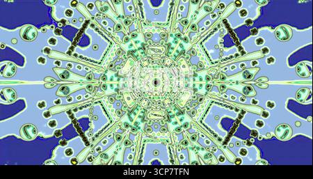 Dieses Kunstwerk zeigt ein komplexes abstraktes Design voller geometrischer Formen und lebendiger Farben. Es fängt ein energetisches und dynamisches visuelles Erlebnis ein Stockfoto