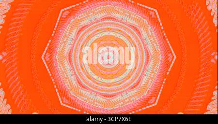Ein farbenfrohes geometrisches Design weist hexagonale Formen auf, die in Richtung der Mitte ausstrahlen. Wirbelnde Linien erzeugen eine lebendige Textur vor einem leuchtend orangefarbenen bac Stockfoto