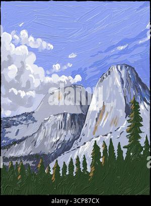 Ölgemälde von Liberty Cap, Mount Broderick und Half Dome im Little Yosemite Valley am John Muir Trail im Yosemite National Park, Kalifornien, USA. Stockfoto