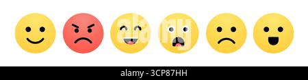 Setzen Sie bunte Emoji Gesichter Emotionen glücklich, wütend, lachend, überrascht, traurig, und fröhliche Ausdrücke Stock Vektor