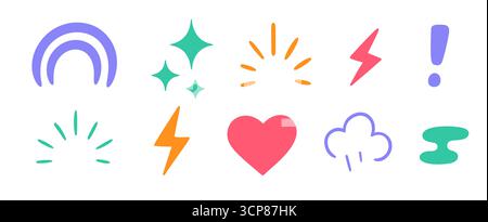 Bunte Kritzelsymbole wie Regenbogen, Funkeln, Blitz, Herz, Wolke, Ausrufezeichen und abstrakte Formen auf weißem Hintergrund Stock Vektor