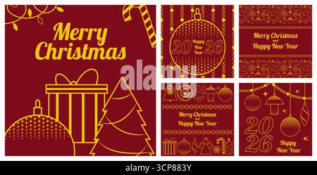 Weihnachten und Neujahr quadratische Karte Set Rot und Gold Linie Kunst mit Kugeln Girlanden Geschenke Süßigkeiten Stock weihnachtsbaum hängende Ornament Vektor Stock Vektor