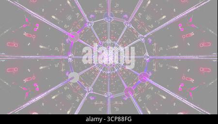 Bunte geometrische Muster erzeugen ein kompliziertes Design. Das Bildmaterial verfügt über ein symmetrisches Layout mit leuchtenden Elementen in Rosa- und Violetttönen. Stockfoto
