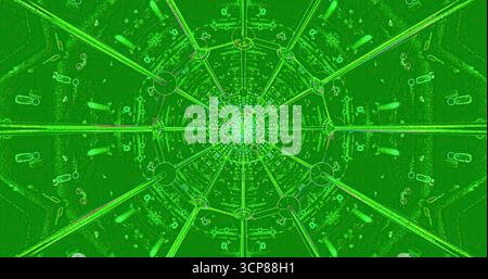 Ein kompliziertes Muster zeigt leuchtende grüne Farben, die ein komplexes Design bilden. Dieses Kunstwerk erzeugt einen faszinierenden visuellen Effekt, der den Blick hineinzieht Stockfoto