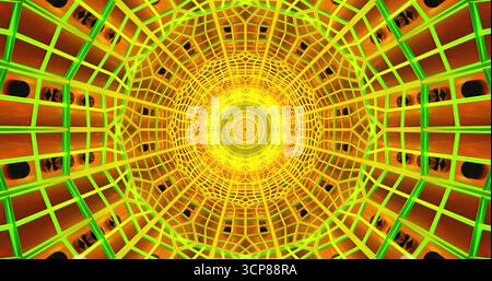 Das farbenfrohe Spiralmuster zeigt eine Mischung aus gelben und grünen Linien. Das komplizierte Design erzeugt ein Gefühl von Tiefe und Bewegung. Diese abstrakte Unterdrückung Stockfoto