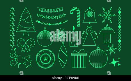 Weihnachten Elemente Set grün Neon Linie Kunst Ikonen Ornamente Girlanden Sternen Glocken Kugeln Geschenkbox Süßigkeiten Stock Engel weihnachtsbaum Vektor Stock Vektor