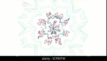 Dieses lebhafte Design verfügt über ein zentrales Kaleidoskop aus Formen und Farben. Wirbelnde Muster sorgen für einen dynamischen visuellen Effekt, der Bewegungen und bauchmuskeln erfasst Stockfoto