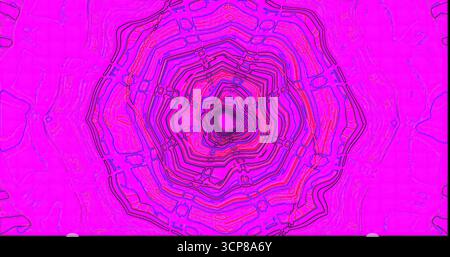 Das farbenfrohe geometrische Design zeigt einen leuchtenden rosafarbenen Hintergrund mit komplizierten schwarzen Linien, die ein spiralförmiges Muster bilden. Die Kunst schafft ein faszinierendes Bild Stockfoto