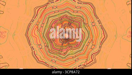Dieses Kunstwerk verfügt über ein auffälliges Kreismuster mit leuchtenden Linien in Orange, Rosa und Grün. Es erzeugt einen hypnotischen visuellen Effekt Stockfoto