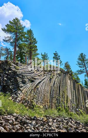 Basalt Rock Columns and Pine Trees at Devils Postpile in Kalifornien unter Blue Sky Stockfoto