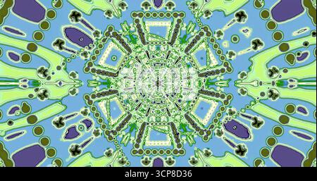 Dieses lebendige abstrakte Design zeigt komplexe Muster in Grün und Blau. Wirbelnde Formen und detaillierte Arrangements sorgen für ein lebendiges visuelles Erlebnis Stockfoto
