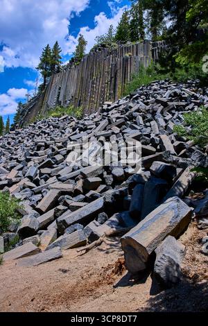 Devils Postpile Basalt Säulen und felsiges Talusfeld mit Kiefern unter dem blauen Himmel Stockfoto