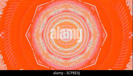 Ein farbenfrohes geometrisches Design weist hexagonale Formen auf, die in Richtung der Mitte ausstrahlen. Wirbelnde Linien erzeugen eine lebendige Textur vor einem leuchtend orangefarbenen bac Stockfoto