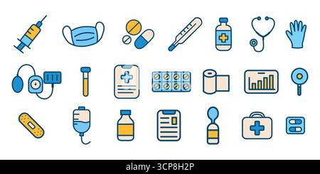 Medizinische Vektor-Symbol-Set mit medizinischen Geräten und Zubehör. Perfekt für Krankenhaus-Infografiken, Apotheken-Apps, Klinik-Websites und Notfalldienst Stock Vektor