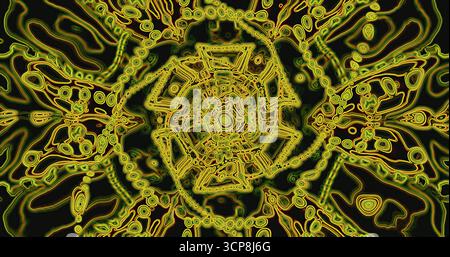 Helle Grün- und Gelbtöne schaffen ein lebendiges abstraktes Kunstwerk. Das Design zeichnet sich durch wirbelnde Formen und komplexe Muster aus, die ein Gefühl von Bewegung vermitteln Stockfoto
