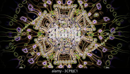 Dieses Kunstwerk besticht durch ein lebendiges Mandala-Design mit komplexen Mustern und Formen. Die Verwendung von hellen Farben erzeugt einen auffälligen visuellen Effekt, d Stockfoto