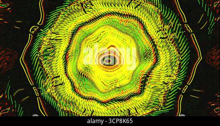 Dieses Kunstwerk besticht durch ein wirbelndes abstraktes Design mit leuchtenden Gelb- und Grüntönen. Das Kreismuster erzeugt ein Gefühl von Bewegung und Tiefe Stockfoto