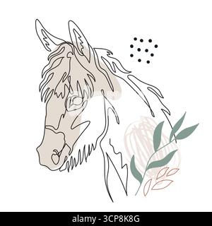 Eselkopf durchgehende, einzeilige Zeichnung mit Pflanzen, trendigem Boho-minimalistischem Stil. Abstrakte moderne Reiterkarte. Vektor-Illustration, weiches Pastellgemälde Stock Vektor