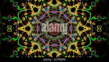 Helle Farben bilden ein detailreiches Mandala mit symmetrischen Mustern und erzeugen ein lebendiges, faszinierendes Bild. Das Design verfügt über eine Mischung aus wirbelnden Formen Stockfoto
