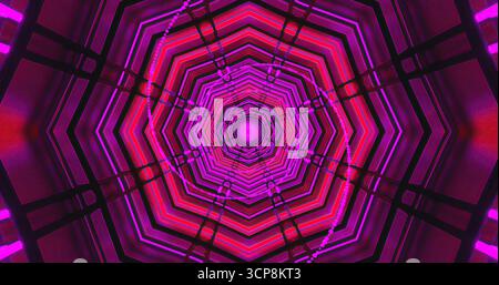 Helle Neonlichter bilden ein auffälliges geometrisches Muster in einem Tunnel. Die Farben verschmelzen in Rosa- und Violetttönen und sorgen so für ein fesselndes visuelles Erlebnis Stockfoto