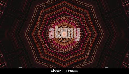 Ein lebendiges abstraktes Design zeigt ein wirbelndes Muster geometrischer Formen in verschiedenen Rot-, Orange- und Violetttönen. Diese fesselnden visuellen Zeichnungen Stockfoto