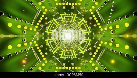 Dieses Kunstwerk verfügt über ein auffälliges, abstraktes grünes Design mit verschiedenen geometrischen Formen und Mustern. Stockfoto