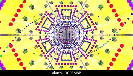 Das lebendige Design besticht durch komplexe geometrische Formen und farbenfrohe Punkte, die in einem spiralförmigen Muster angeordnet sind. Die lebendigen Farben sorgen für eine fesselnde visuelle Wirkung Stockfoto