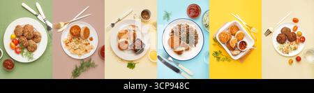 Collage von leckeren Schnitzeln auf farbigem Hintergrund, Draufsicht Stockfoto