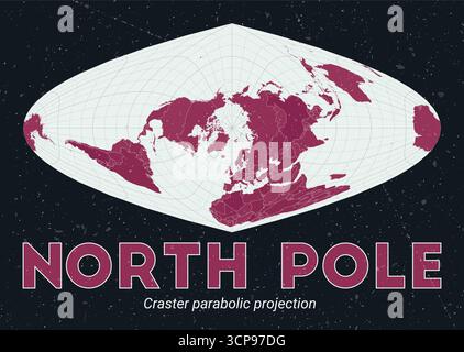 Nordpol. Weltkarte. Craster Parabolprojektion zentriert zum Nordpol. Palette Pale Mint Dark Pink. Vintage-Textur. Illustration des lebendigen Vektors. Stock Vektor