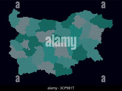 Bulgarien gepunktete Karte. Digitale Landkarte des Landes auf dunklem Hintergrund. Bulgarische Form mit kreisförmigen Punkten. Farbige Punkte. Kleine Kreise. Stock Vektor