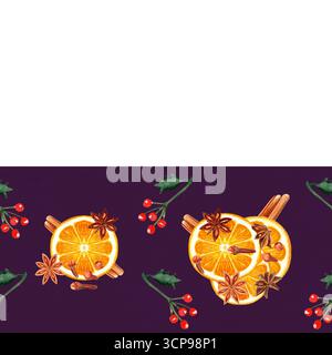 Orangenscheiben mit Zimtstäbchen, Anissternen, Nelken, stechpalmenblätter, rote Beeren, Aquarellrand auf dunklem Hintergrund. Perfekt für festliche Einladungen Stockfoto