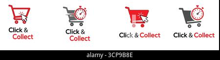Klicken Sie auf das Symbol zum Sammeln und Sammeln von Einkaufswagen und Uhrensymbolen, um das Konzept des Abhol- und E-Commerce-Services für den Einzelhandel zu erhalten Stock Vektor