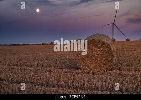 Heuballen auf dem geernteten Feld mit Vollmond und Windturbine in der Dämmerung Stockfoto
