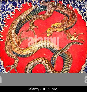 Katsushika Hokusai, Matsuri Yatai Dragon, 1844 — Ukiyo-e Holzschnitt eines japanischen Festfestwagens mit Drachendeckenmalerei. Stock Vektor