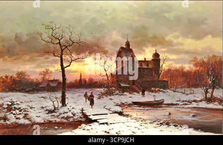 Ernesto Strigelly, Winterdämmerung Rheintal, 19. Jh., Landschaft Stock Vektor