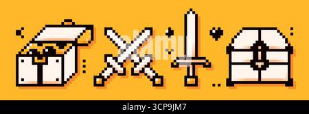Pixelgrafik-Symbole auf gelbem Hintergrund. Zwei Schatullen und Schwerter, gezeichnet im einfachen Y2K-Bit-Stil. Stock Vektor