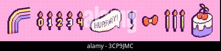 3D Pixel Y2K Happy Birthday Elements. Regenbogen, Kerzen mit Zahlen, Sprechblase, Ballon, Bogen und Kuchen mit Kirschen. Stock Vektor