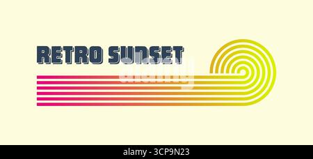 Farbenfroher Sonnenuntergang im Vintage-Stil. Verschiedene gestreifte Sonnenaufgangsabzeichen im Stil der 80er und 90er Jahre. Blick auf Sonne und Meer, Sommerstimmung, Surfen. Designelement für Stock Vektor
