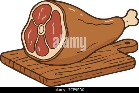 Ein herzhafter Schinken mit Kreuzschraffurhaut und freiliegenden Knochen liegt auf einem Brett, das zum Schnitzen bereit ist Stock Vektor