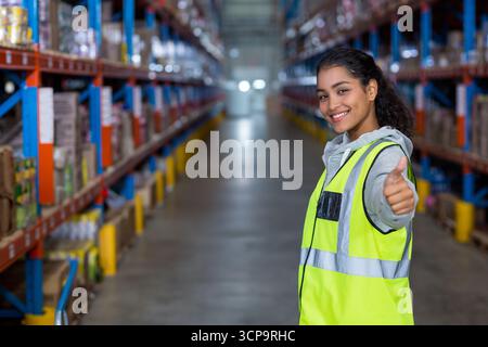 Metallregale, in denen Kartons und verpackte Waren in einem breiten Lagergang untergebracht sind Stockfoto